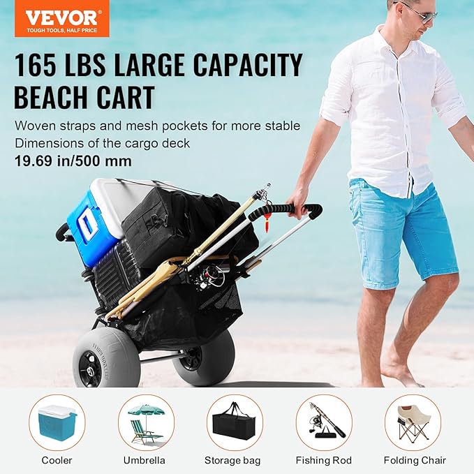 VEVOR Beach Dolly with Big Wheels for Sand, 29.9" x 15.4" Cargo Deck, w/ 12" Balloon Wheels, 165LBS Loading Capacity Folding Sand Cart & 27" to 44.7" Adjustable Height, Heavy Duty Cart for Beach