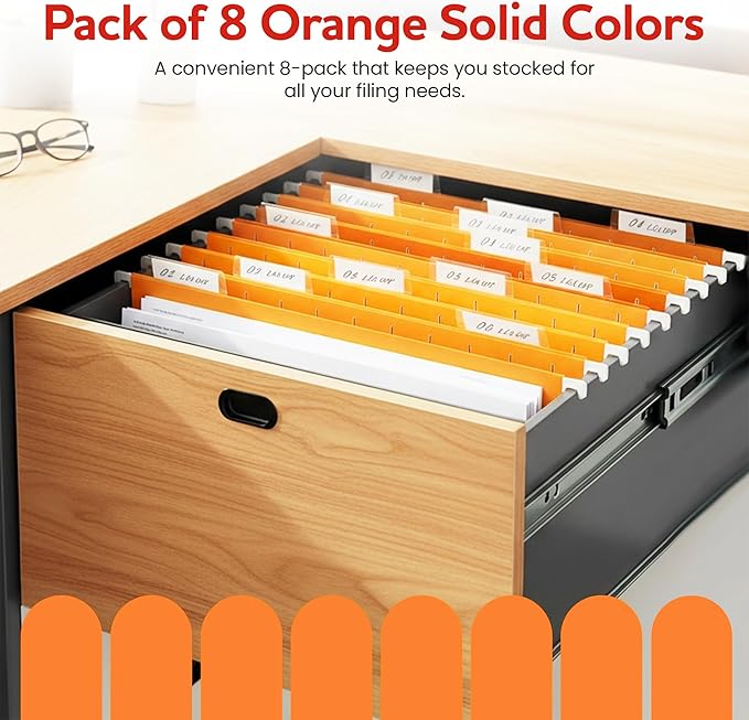 Orange Hanging File Folders – 8 Pack, Letter Size File Organization Folders for Home, Office, School & Filing Cabinets