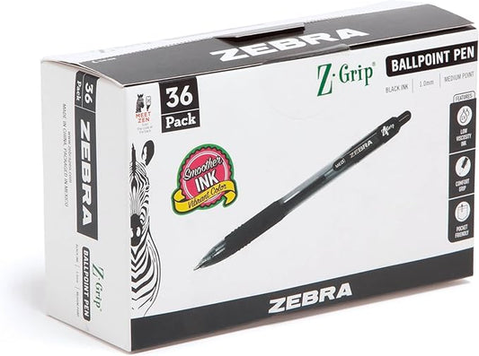 Zebra Pen Z-Grip Retractable Ballpoint Pen, Smooth-Flowing Black Ink, 1.0mm Medium Point, School & Office Supplies, Ideal for Note-Taking, Journal and Planner Use, 36-Pack (24136)