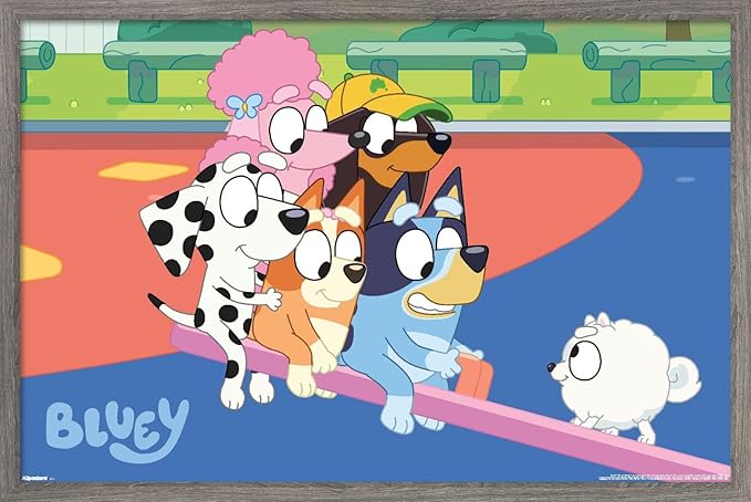 Bluey (2018) - Bluey and Friends See Saw Fun Wall Poster, 22.4L" x 14.7W", Barnwood Framed Version