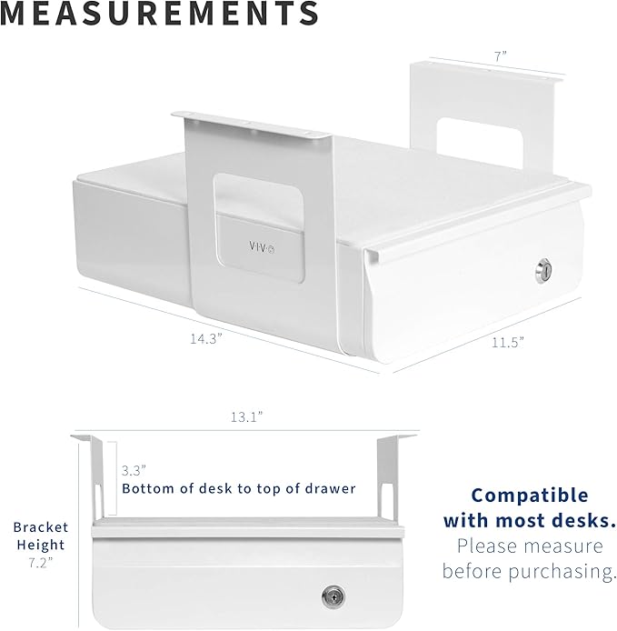 VIVO 13 inch Under Desk Lockable Slide Out Drawer, Secure Home Office Storage Organizer, White, DESK-AC03L-W