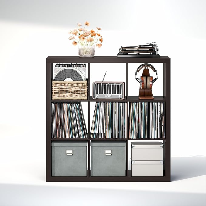 Furinno Cubicle Record Player Stand with Vinyl Storage, 9-Cube Vinyl Record Storage, 1.65" Triple Thick Open Back Media Shelf for CD DVD Blueray Game, for Living Room, Home Office, Black Dark Oak