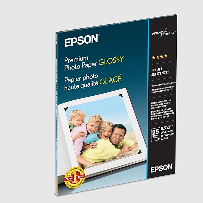 Epson Premium Photo Paper GLOSSY (8.5x11 Inches, 25 Sheets) (S042183),White