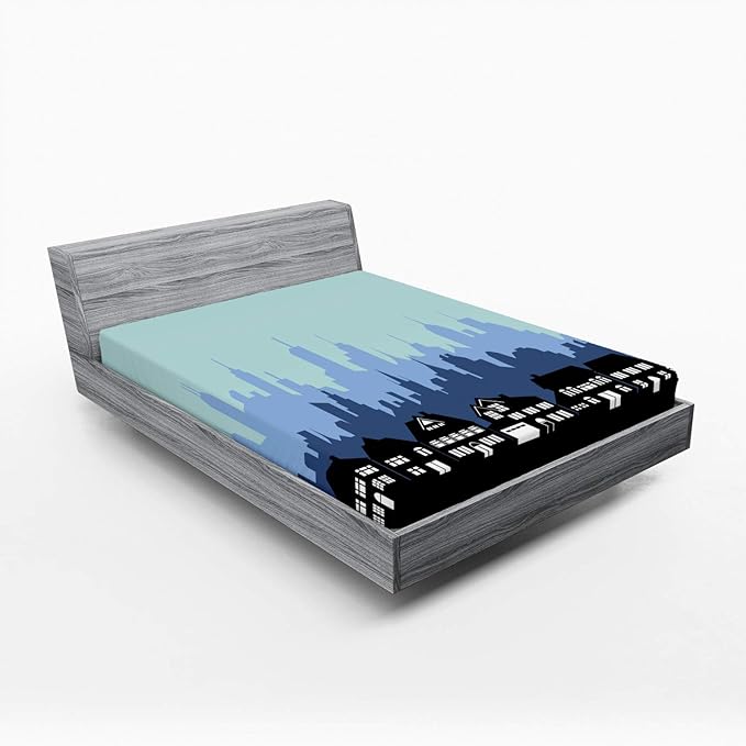 Ambesonne Silhouette Fitted Sheet, City Houses Business Skyline Urban Outdoor Scene Illustration, Bed Cover with All-Round Elastic Deep Pocket for Comfort, Queen Size, Black Seafoam and Blue Grey