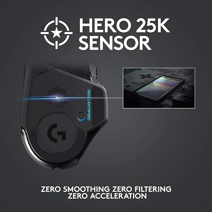 Logitech G502 Lightspeed Wireless Gaming Mouse with Hero 25K Sensor, PowerPlay Compatible, Tunable Weights and Lightsync RGB - Black