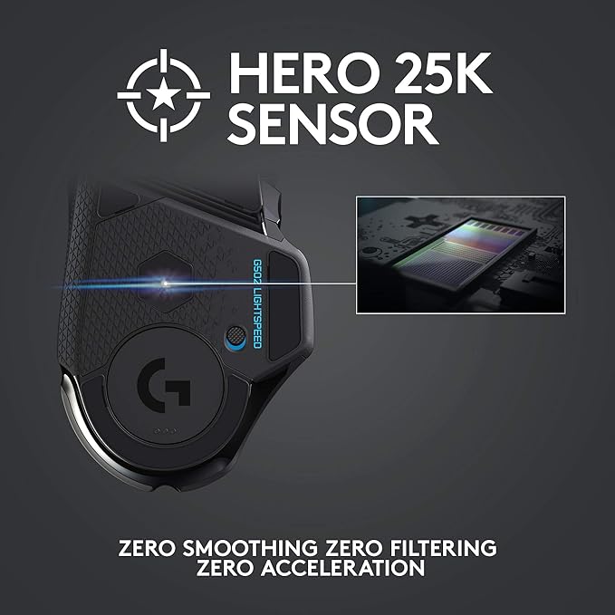 Logitech G502 Lightspeed Wireless Gaming Mouse with Hero 16K Sensor, PowerPlay Compatible, Tunable Weights and Lightsync RGB - Black (Renewed)