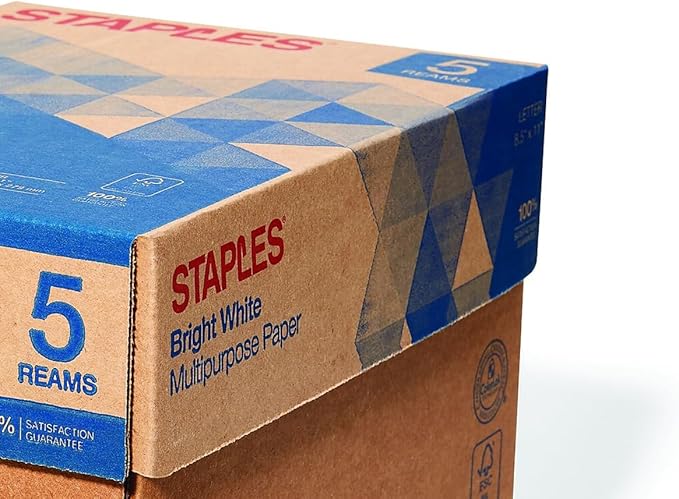 Staples 8.5 x 11-Inch Multipurpose Paper, 22 lbs., 98 Brightness, 2500/Carton, For Office, School & Home