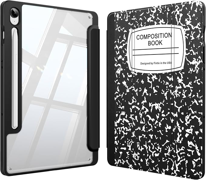 Fintie Hybrid Slim Case for Samsung Galaxy Tab S10 Lite/ S10 FE/ S9 FE 10.9 Inch/Tab S9 11 Inch with S Pen Holder, Shockproof Cover with Clear Transparent Back Shell, Auto Wake/Sleep, Composition Book