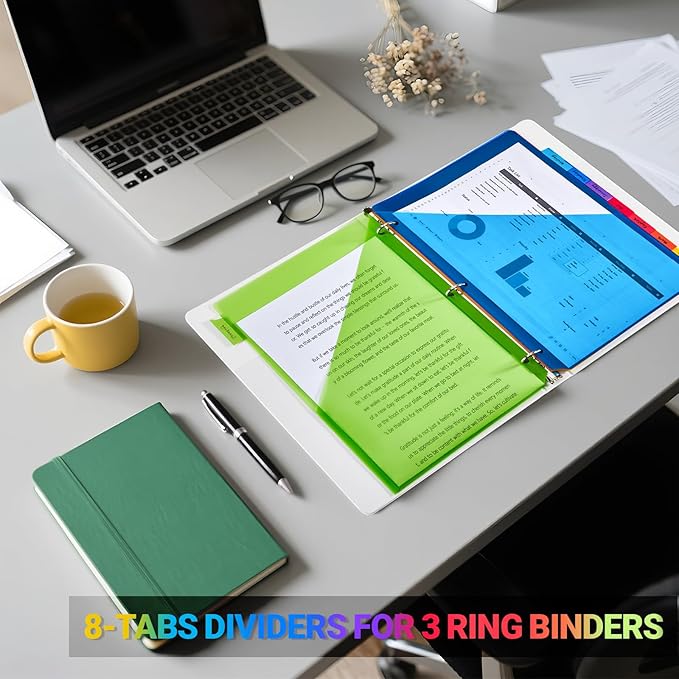 8-Tab Dividers for 3-Ring Binders, 8 Counts Dividers with 2 Pockets, Insertable 8 Tabs Binder Divider for 1/2''/1''/2''/3'' inch Binders, 8 Colors (1)