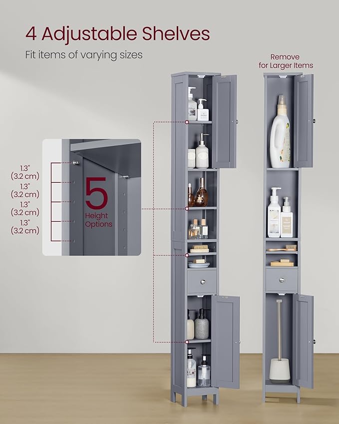 VASAGLE Tall Bathroom Cabinet, Slim Freestanding Bathroom Storage Cabinet with Adjustable Shelves, Drawer, Open Compartments, for Small Spaces, Modern, Dove Gray UBBC765G02