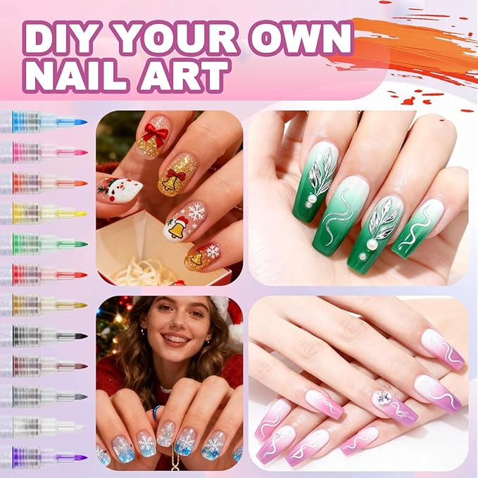 Nail Art Pens Set, 12 Color 0.7 MM Nail Art Markers Nail Polish Pens Drawing Painting Point Liner Painted Kit, Waterproof and Quick-drying Nail for DIY Design Manicure Tools