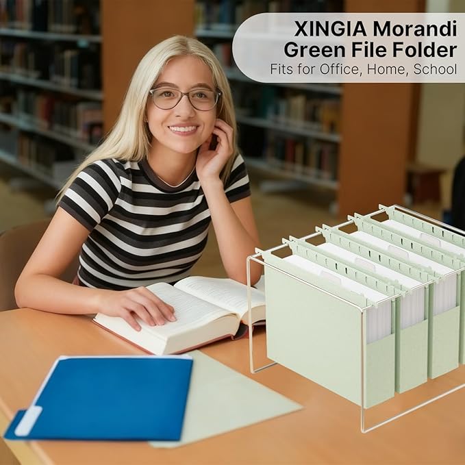XINGIA Wheat Straw Plastic Hanging File Folders Letter Size,Heavy Duty 2 Inch Expansion,12 Pack Extra Capacity Hang Folders for Filing Cabinet,File Organizer with Insertable Tabs(Morandi Green)