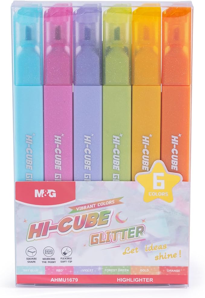 M&G HI-CUBE Glitter Highlighters, 6 Pack Vibrant Colors with Glitter Ink, No Bleed Soft Chisel Tip for Bible Study, Cute Aesthetic Highlighters for Journaling, Planners & Notes