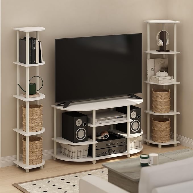 Furinno Jaya TV Stand, 4-Tier Open Shelf Design Corner Entertainment Center with Round Corner, TV Console for TV up to 46 Inch, Toolless Assembly, for Living Room, Bedroom, White