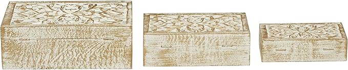 Deco 79 Mango Wood Floral Handmade Decorative Box Decorative Keepsake Boxes with Hinged Lid, Set of 3 Storage Boxes 8", 10", 12"W, White