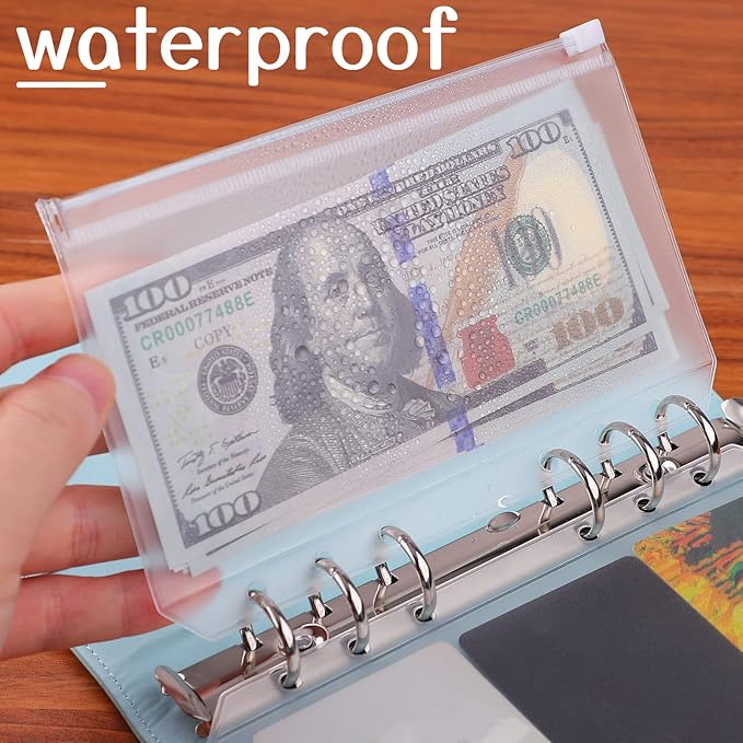 Antner 12pcs A6 Size Binder Pockets 6 Holes Budget Cash Envelopes for Budgeting, Clear Zipper Folders Loose Leaf Bags for A6 6-Ring Budget Binder, Waterproof PVC Document Pouch Filing Bags (Pack of 2)