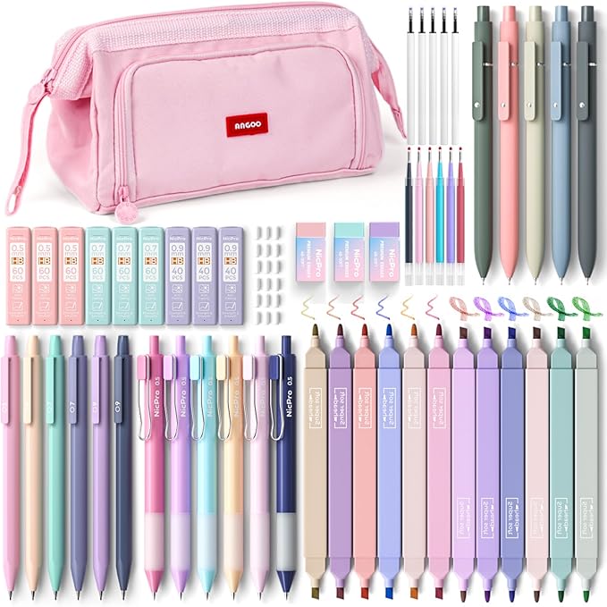 Nicpro 55PCS Aesthetic School Supplies with Cute Pencil Case, 12 Pastel Highlighters, 11 Gel Pens Color & Black Ink, 6 Mechanical Pencils for Girls Stationary College Student Essentials Preppy Stuff