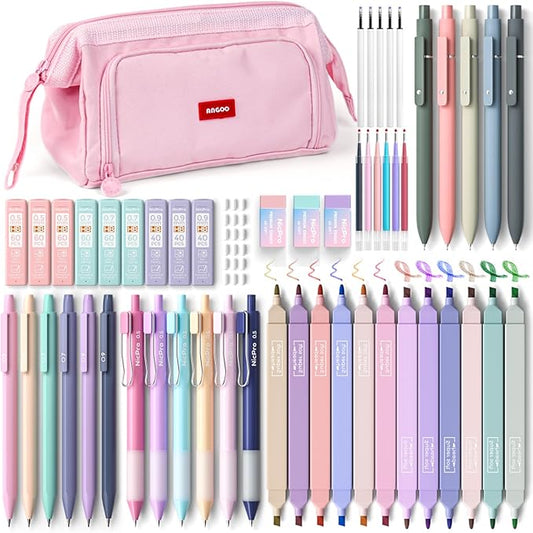 Nicpro 55PCS Aesthetic School Supplies with Cute Pencil Case, 12 Pastel Highlighters, 11 Gel Pens Color & Black Ink, 6 Mechanical Pencils for Girls Stationary College Student Essentials Preppy Stuff