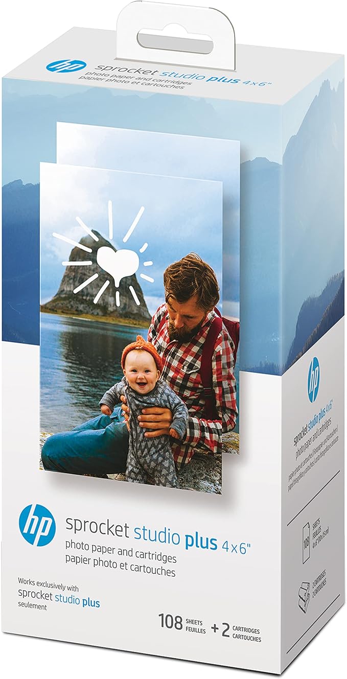 HP Sprocket Studio Plus 4 x 6” Photo Paper and Cartridges (Includes 108 Sheets and 2 Cartridges) – Compatible only with HP Sprocket Studio Plus printer