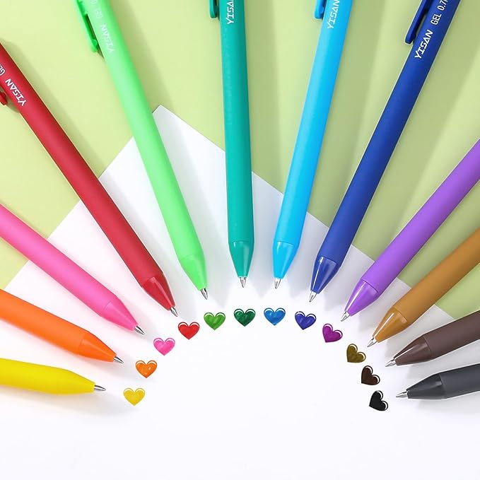 YISAN Colored Gel Pens,Journal Pens 0.7 mm Colorful Ink Pens,Fine Point Fast Dry 12 Assorted Colors,Smooth Writing for Journaling and Note Taking,Retractable,Roller Ball Point,71044
