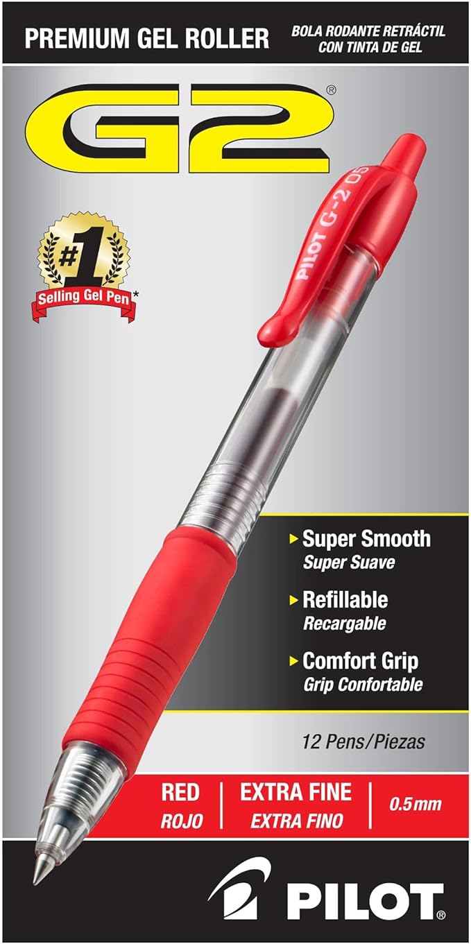 Pilot, G2 Premium Gel Roller Pens, Extra Fine Point 0.5 mm, Pack of 12, Red