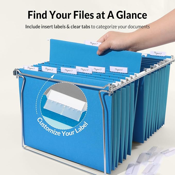 SUNEE 25 Pack Hanging File Folders, Blue Folders, Hanging File Folders Letter Size with 1/5-cut Tabs, Stay Organized for Your Home and Office Bulk File and Documents