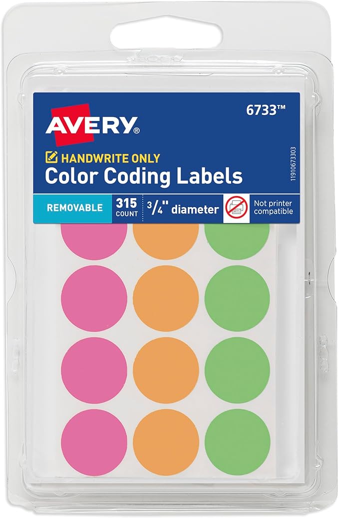 Avery Color-Coding Removable Labels, 3/4 Inch Round Labels, Assorted Neon Colors, Non-Printable, 315 Dot Stickers Total (6733)