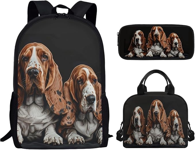 Basset Hound Backpack for Boys Girls, Lightweight Kids Backpack with Lunch Box Cute Kawaii Pencil Case, Large Comfortable Girls Bookbag School Backpack for Elementary Middle School