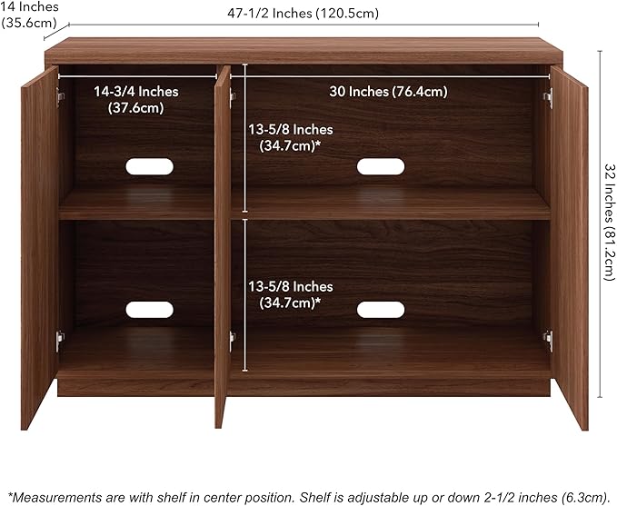 Henn&Hart 47.5'' Fluted Sideboard Buffet Cabinet, Ribbed Modern Wooden Credenza with 3 Doors, Adjustable Shelves, and Cable Management Cut-Outs for Dining Room, Kitchen or Living Room, Satin Walnut