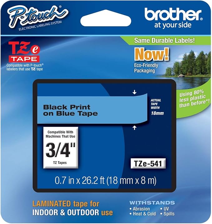 Brother Genuine P-Touch TZE-541 Tape, 3/4" (0.7") Standard Laminated P-Touch Tape, Black on Blue, for Indoor or Outdoor Use, Water-Resistant, 26.2 ft (8 m), Single-Pack