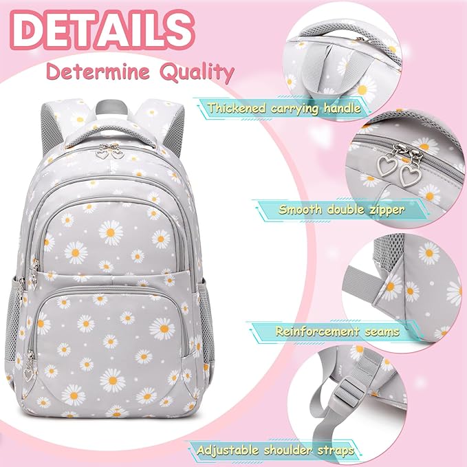 YJMKOI 3Pcs Daisy Prints Backpack for Girls Middle-School Elementary Students Bookbag Set with Lunch Box (Grey)