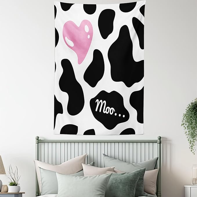 Ambesonne Cow Print Tapestry, Camouflage Hide Skin Pattern in Pastel Color Shades Heart Shape Moo, Fabric Wall Hanging Decor for Bedroom Living Room Dorm, 30" X 45", Pink Black White
