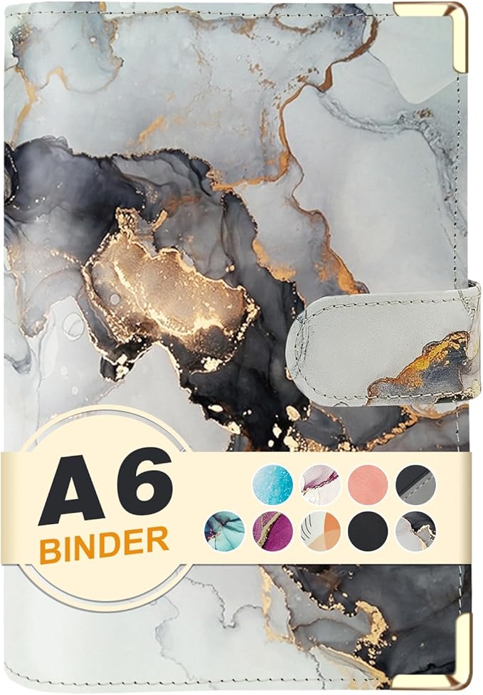 A6 Refillable 6 Ring Faux Leather Budget Binder,Mini Notebook Binder Cover for A6 Filler Paper,Loose Leaf Personal Planner Cover with Magnetic Buckle Closure (Marble White)