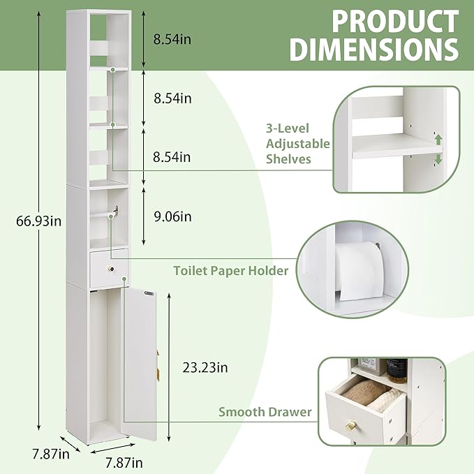 VECELO Narrow Bathroom Storage Cabinet with 3 Adjustable Shelves, 67" Tall Freestanding Cabinet with Toilet Paper Holder, Slim Tower Cabinet with Magnetic Door & Drawer, for Small Spaces, White