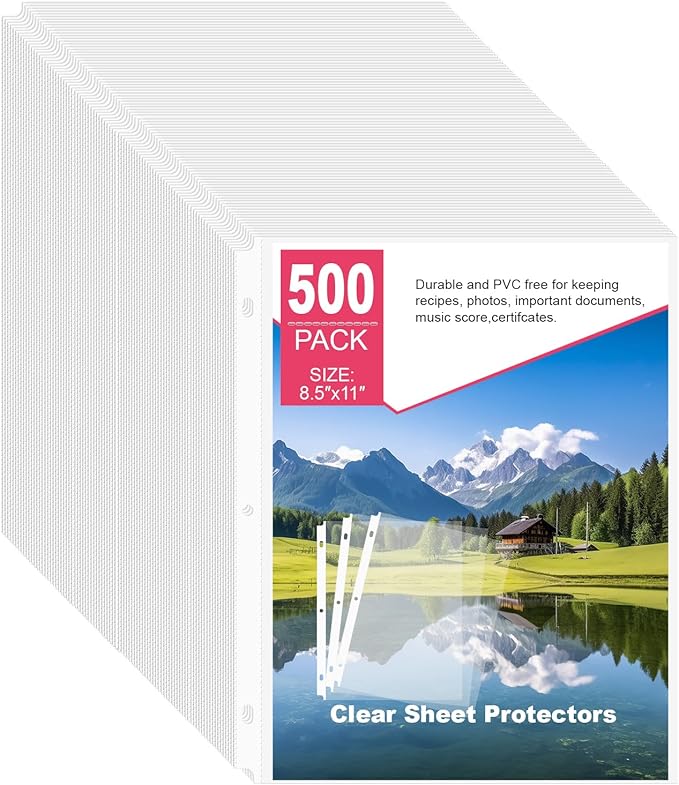 500-Pack Standard Weight Sheet Protectors 8.5"x11" Top-Loading Acid-Free Document Sleeves for School, Office, Home & 3-Ring Binders