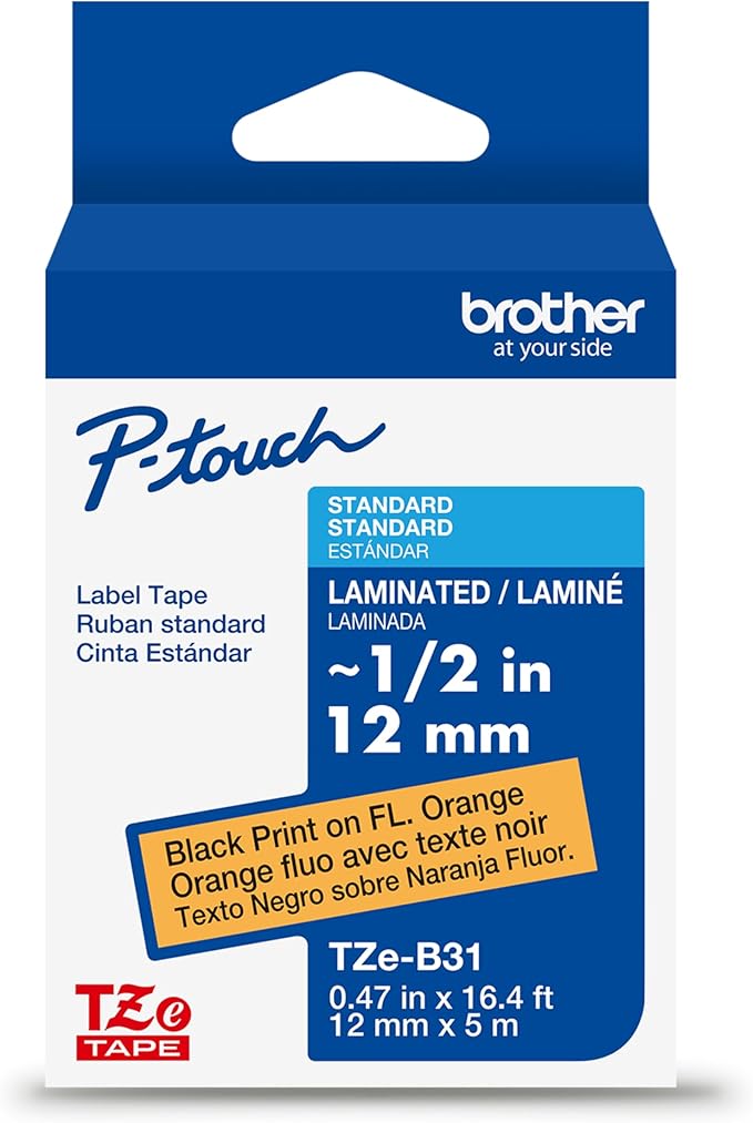 Brother Genuine P-Touch TZe Black Print on Fluorescent Orange Label Tape (TZeB31), Laminated,1/2in x 16.4ft (12mm x 5m), for Select P-Touch Label Makers, Durable, Water-Resistant, Indoor/Outdoor Use