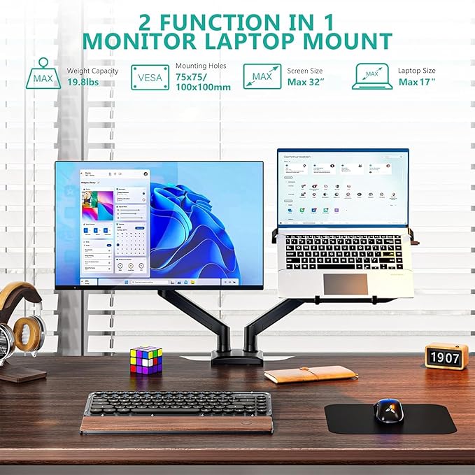 WALI Dual Arm Laptop and Monitor Desk Mount for 17" Notebook and Up to 32" Screen, Gas Spring Dual Monitor Arm with Laptop Tray, Holds up to 19.8 lbs per Arm, VESA 75x75 100x100, Black (GSMP002LP)