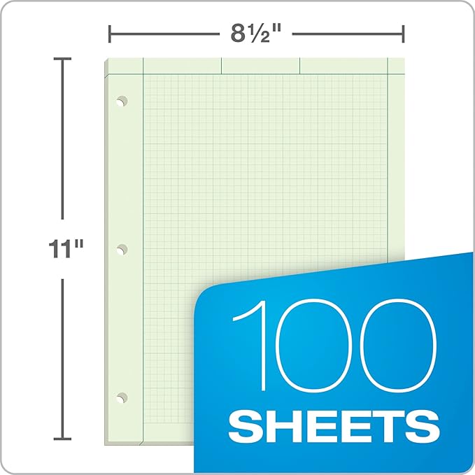 Tops Engineering Notebooks,Graph Notebooks,Quad Ruled Pad,8-1/2" x 11",Glue, 5 x 5 Graph Rule on Back,Green Tint Paper,3-Hole Punched,100 Sheets per Pad (35507A),(Pack of 36)