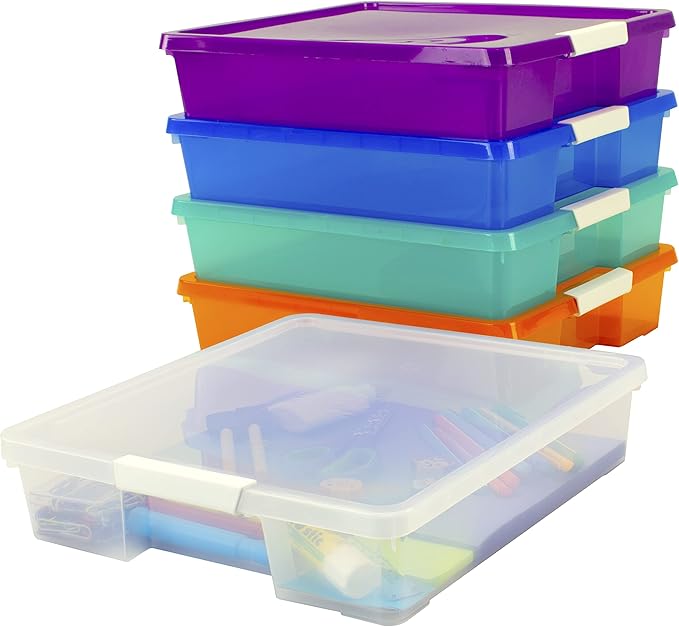 Storex Classroom Craft Project Box – Stacking Plastic Organizer Fits 12x12 Scrapbooking Paper, Assorted STEAM Colors, 5-Pack (63202C05C)