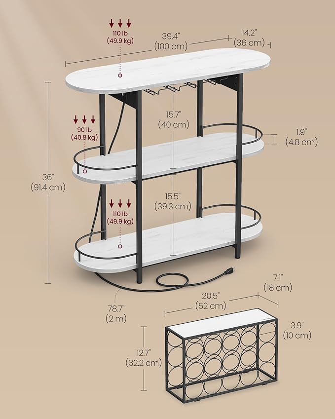 VASAGLE Bar Cabinets for Home, LED Coffee Bar with Power Outlets, Home Mini Bar for Liquor, Freestanding Wine Rack with Glass Holder, Kitchen, Dining Room, Rustic White ULWR007W01