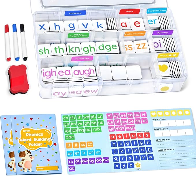 JoyCat 265 Phonics Magnetic Letter Tiles with 3 Word Folder - Hooked on Phonics Set Storage Case, Letter Sound Alphabet Letters, Preschool Pre k Classroom Materials