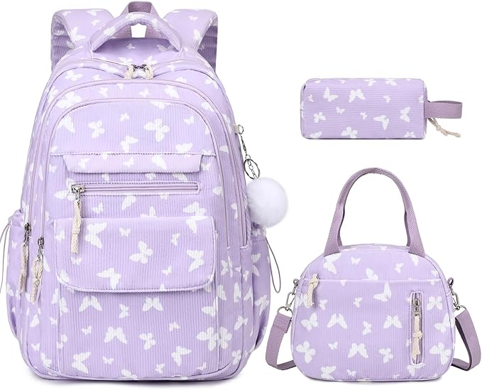 Bevalsa Backpack for Gilrs, 3PCS Corduroy Kids Backpack Set with Lunch Box & Pencil Pouch, Bookbag Daypack Laptop Bag for Women Teens Elementary Middle High School