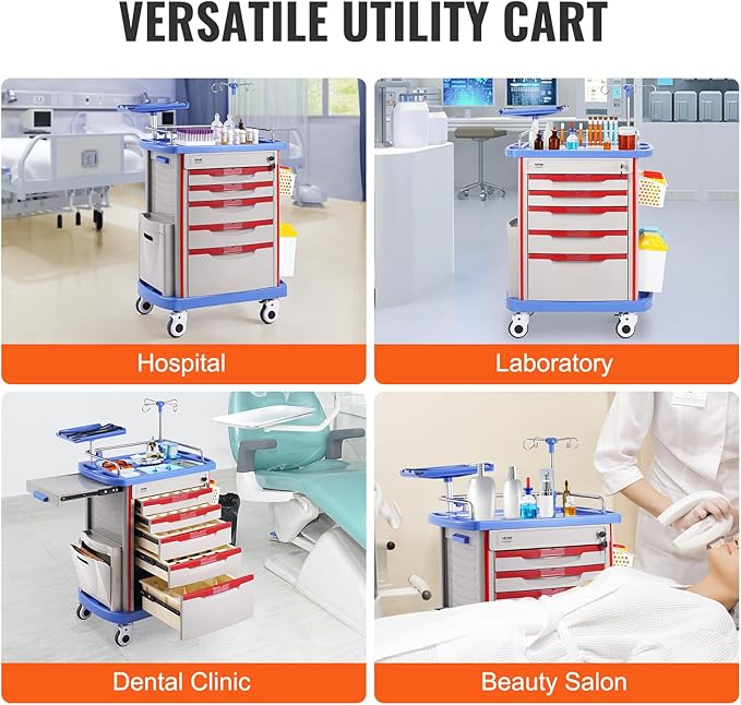 VEVOR Medical Crash Cart, Nursing Emergency Rolling Cart with 5 Drawers & 4 Silent Wheels, Adjust IV Pole, Needle Disposal Holder, Trash Bin, O2 Holder, Mobile Trolley for Hospital, Clinic, Lab, Salon