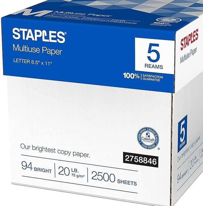 Staples Multiuse 8.5-Inch X 11-Inch Copy Paper 20 Lbs 94 Brightness 500/Rm 5 Rm/Ct