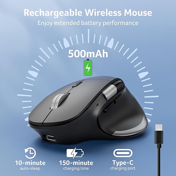acer Ergonomic Mouse Wireless Rechargeable with Side Scroll (BT5.2+2.4GHz), Bluetooth Computer Mouse for Laptop, Medium to Large Sized Hands, Office USB Mice, 8 Buttons, 4800 DPI for PC, Desktop