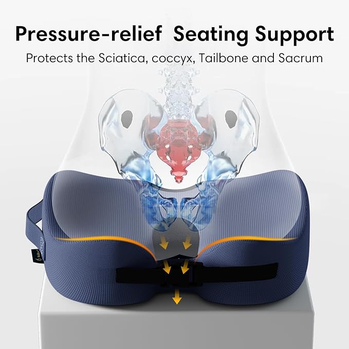 Large Memory Foam Seat Cushion for Office Chair, Car, Desk, Truck & Wheelchair - Tailbone, Coccyx & Sciatica Pain Relief Pillow - Ergonomic Back Support Portable Pad for Long Sitting & Driving