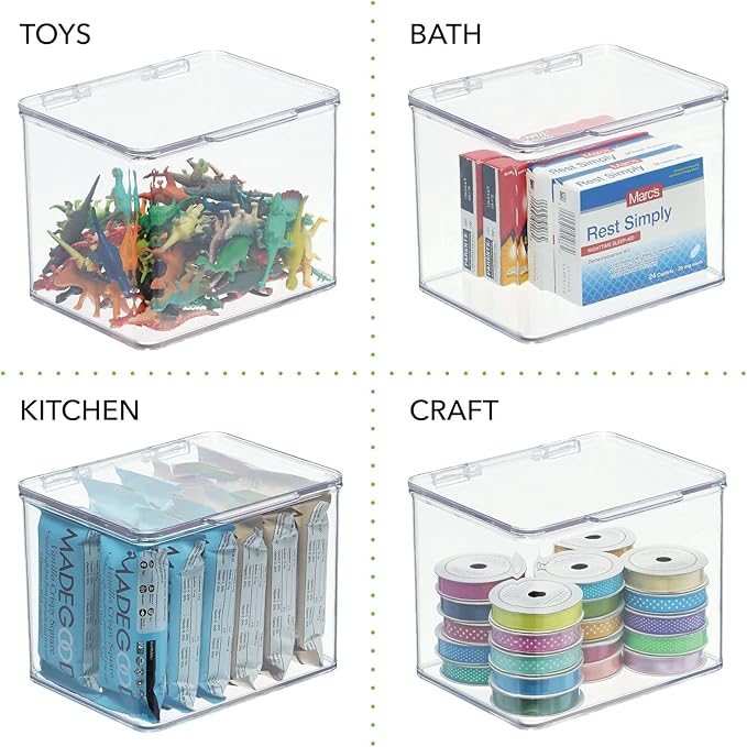 mDesign Small Plastic Home Office Storage Organizer Box Containers with Hinged Lid for Desktops - Holds Pens, Pencils, Sticky Notes, Highlighters, Staples, and Supplies - Clear