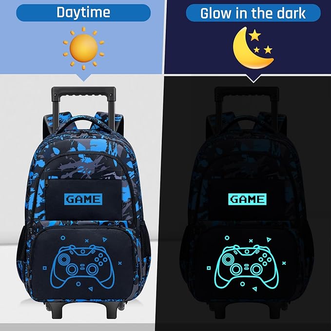 Boys Rolling Backpack for Kids - Glow in The Dark Kids Rolling Backpack with Wheels for Elementary Middle School - Gamer Roller School Bookbag Aged 6-18, Wheeled Travel Bag Large Capacity