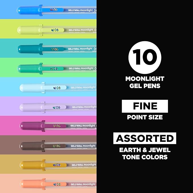 SAKURA Gelly Roll Moonlight 10 Pack, 06 Fine point, Earth & Jewel Tone Colors, Opaque Gel Pens, Creamy Smooth Ink, Writes on Dark Paper