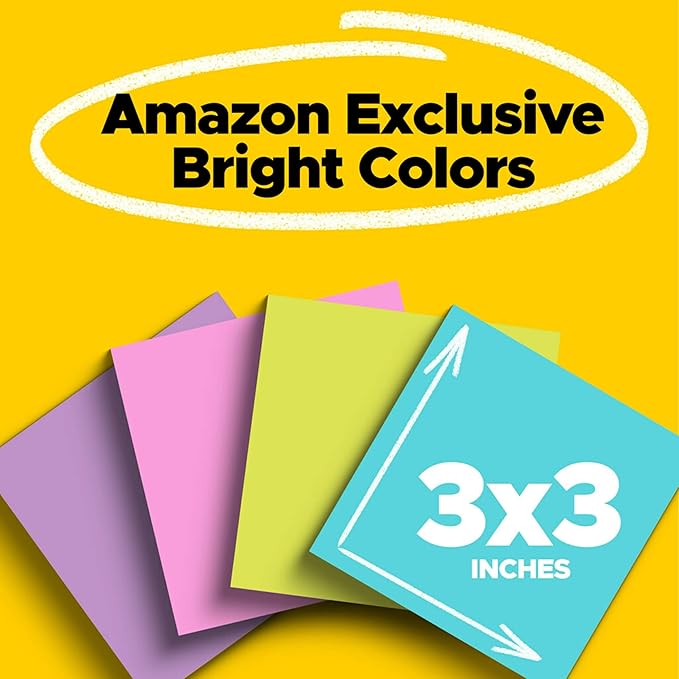 Post-it Super Sticky Notes, 3x3 in, 24 Pads/Pack, 70 Sheets/Pad, Amazon Exclusive Bright Color Collection, Aqua Splash, Acid Lime, Tropical Pink and Iris Infusion (Pack of 8)